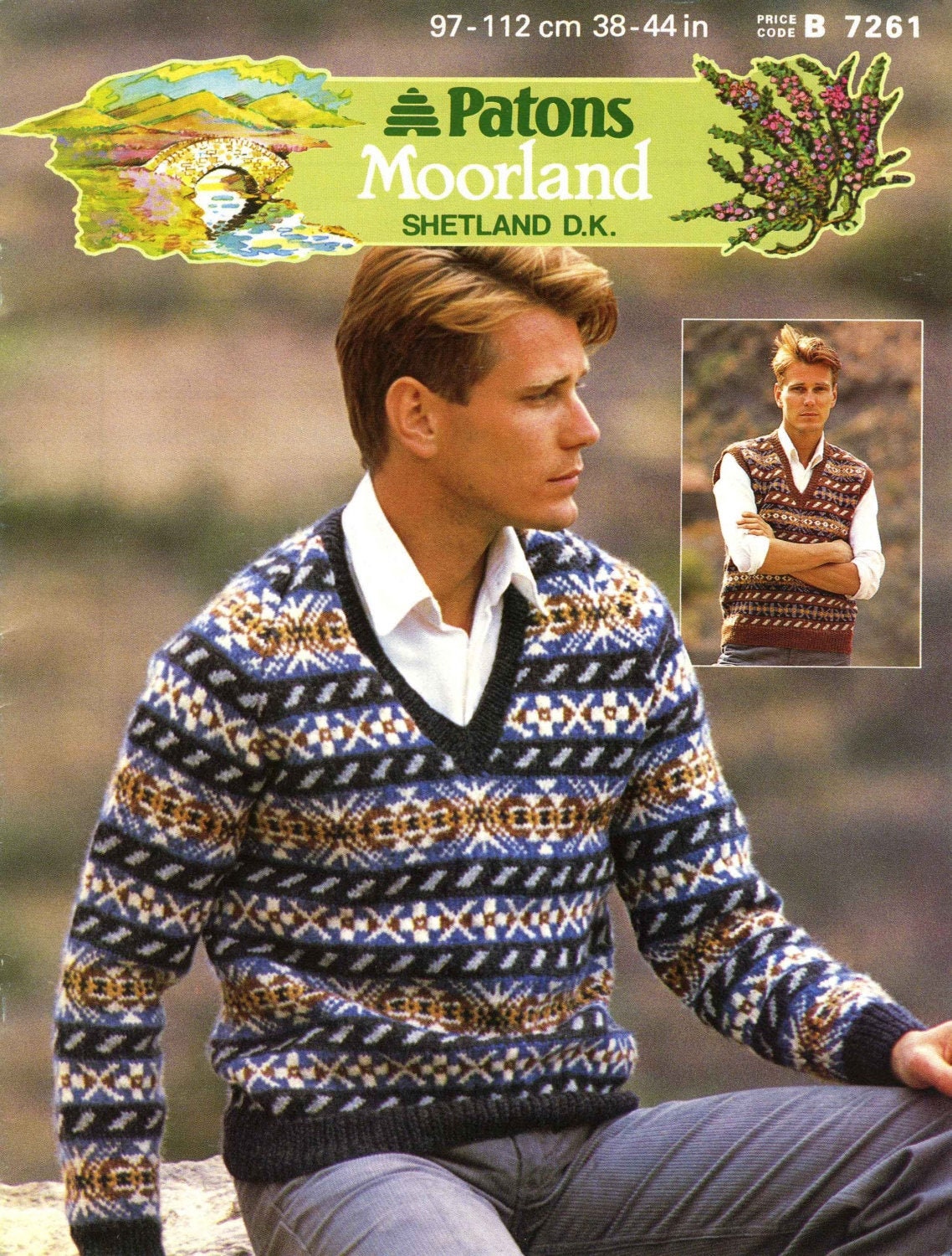 Mens Fair Isle Jumper & Sleeveless Sweater / Slipover, 38"-44" Chest, DK, 80s Knitting Pattern, Patons 7261