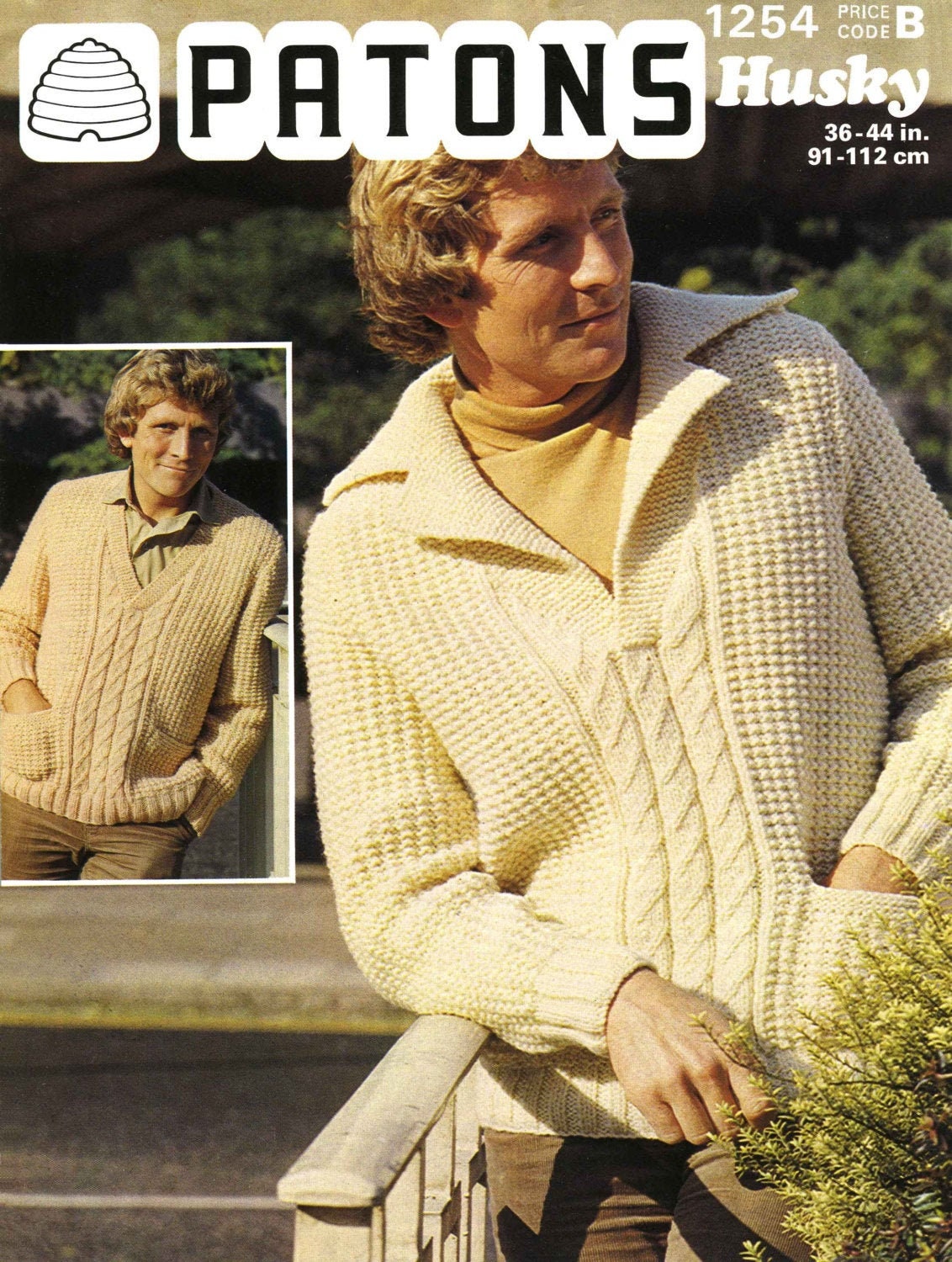 Mens V-neck Sweater / Jumper in 2 Styles (With or Without Collar), 36"-44" Chest, Chunky, 70s Knitting Pattern, Patons 1254