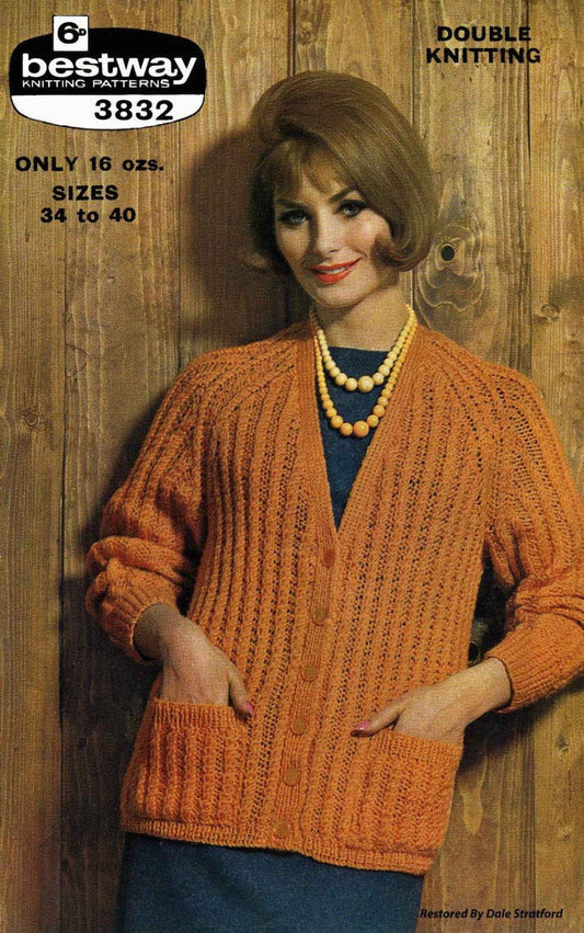 Ladies Cardigan / Jacket, 34"-36" & 38"-40" Bust, DK, 60s Knitting Pattern, Bestway 3832