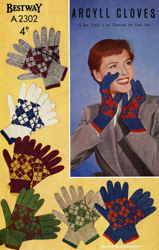 Ladies Argyll Gloves, Knitted on 2 Needles, 3ply, 50s Knitting Pattern, Bestway 2302