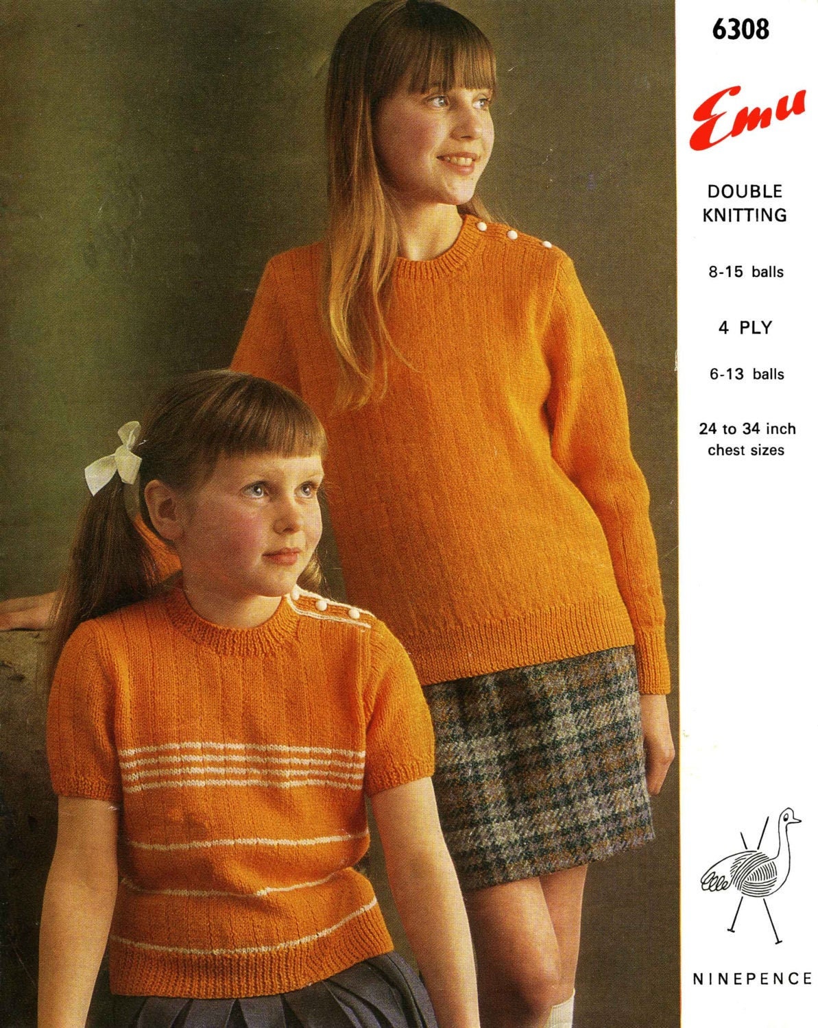 Girl's Jumper in 2 Style, 24"-34" Chest, DK & 4ply, 70s Knitting Pattern, Emu 6308