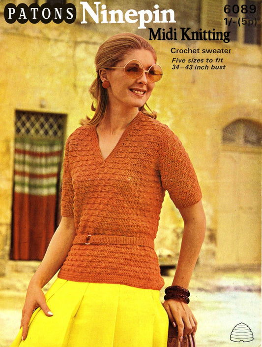 Ladies Jumper / Top, 34"-43" Bust, DK, 70s Crochet Pattern, Patons 6089