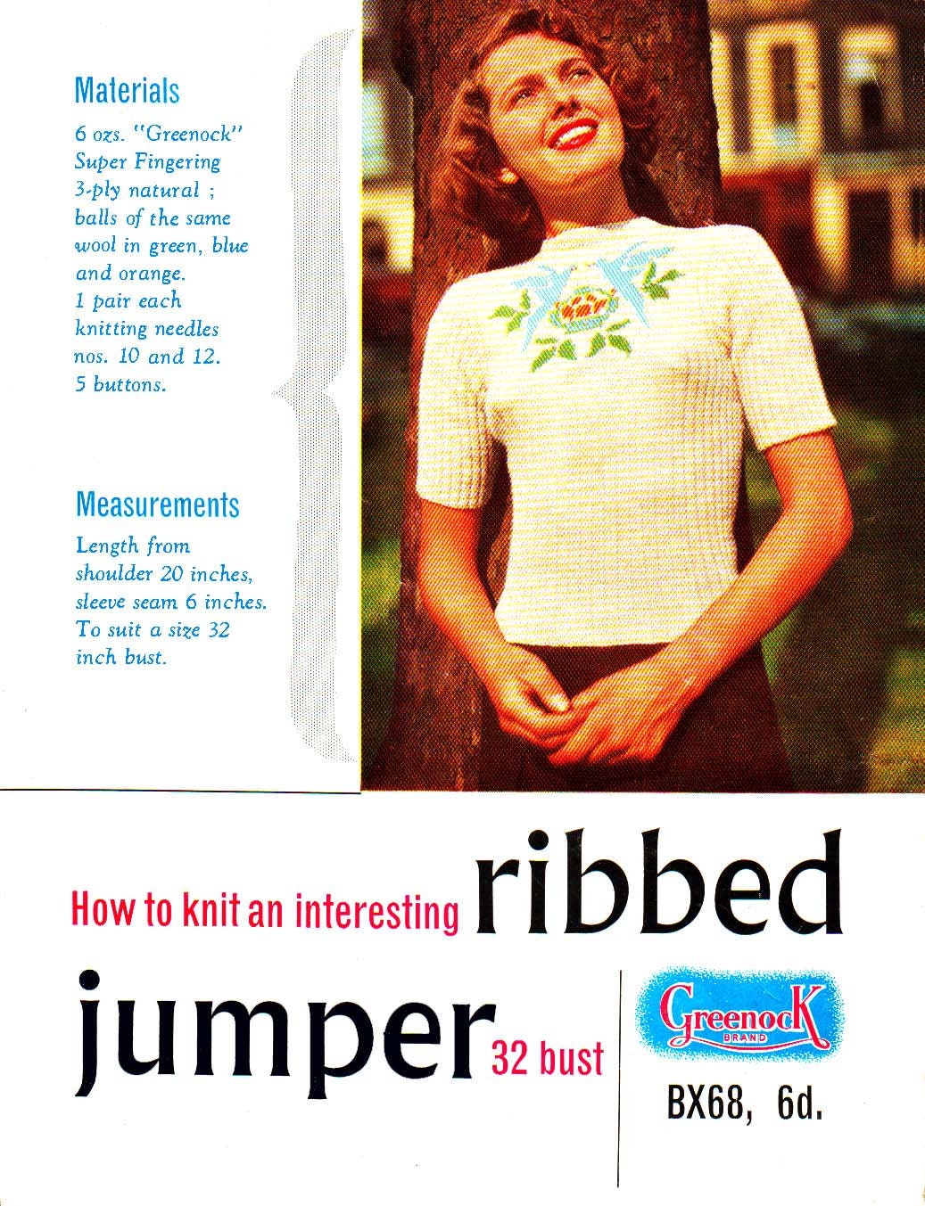 Ladies Jumper with Bird Motif, 32"Bust, 3ply, 50s Knitting Pattern, Greenock BX68 / 68