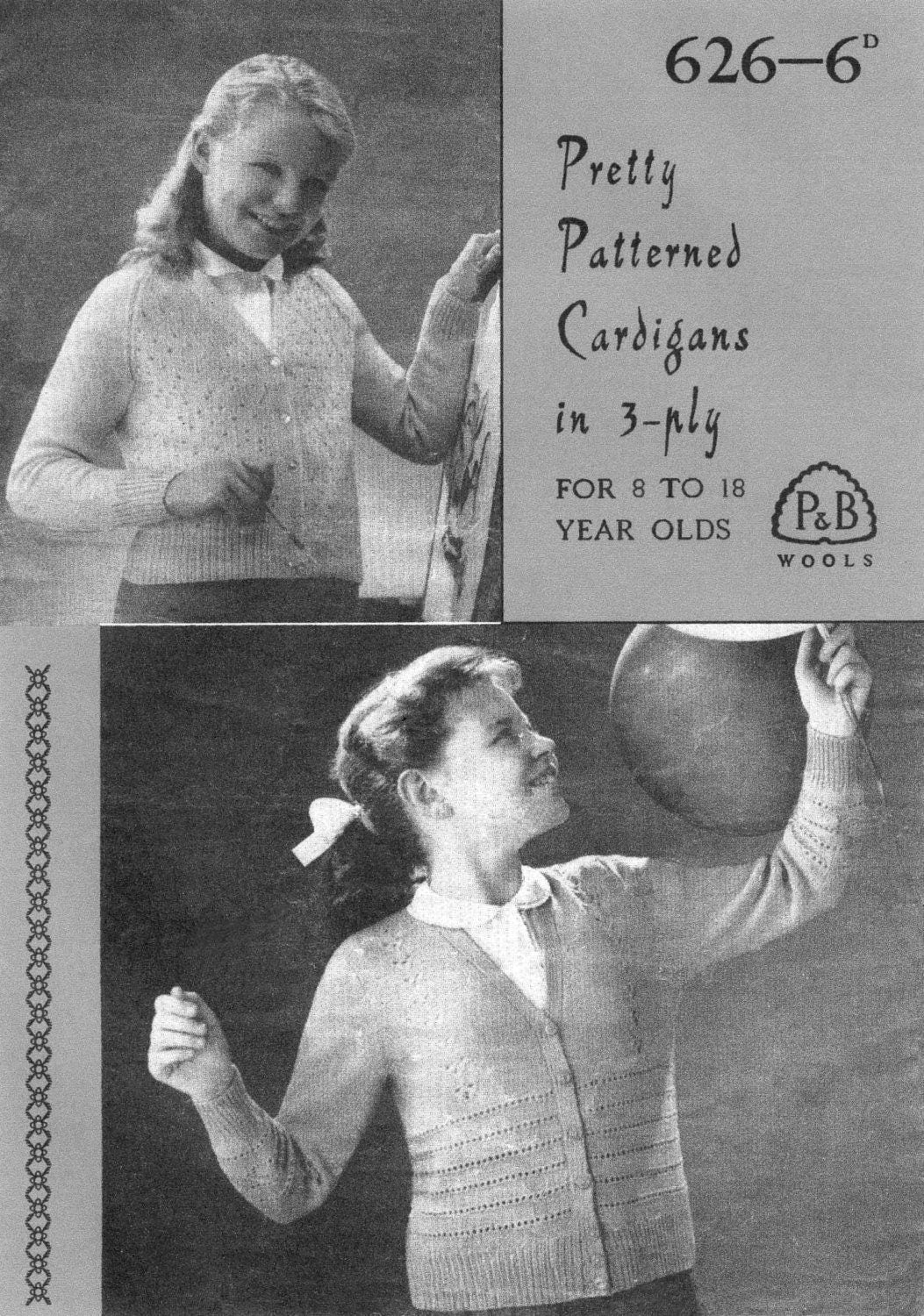 Patterned Girls Cardigan in 2 designs, 8-18yrs, 3ply, 60s Knitting Pattern, P&B 626