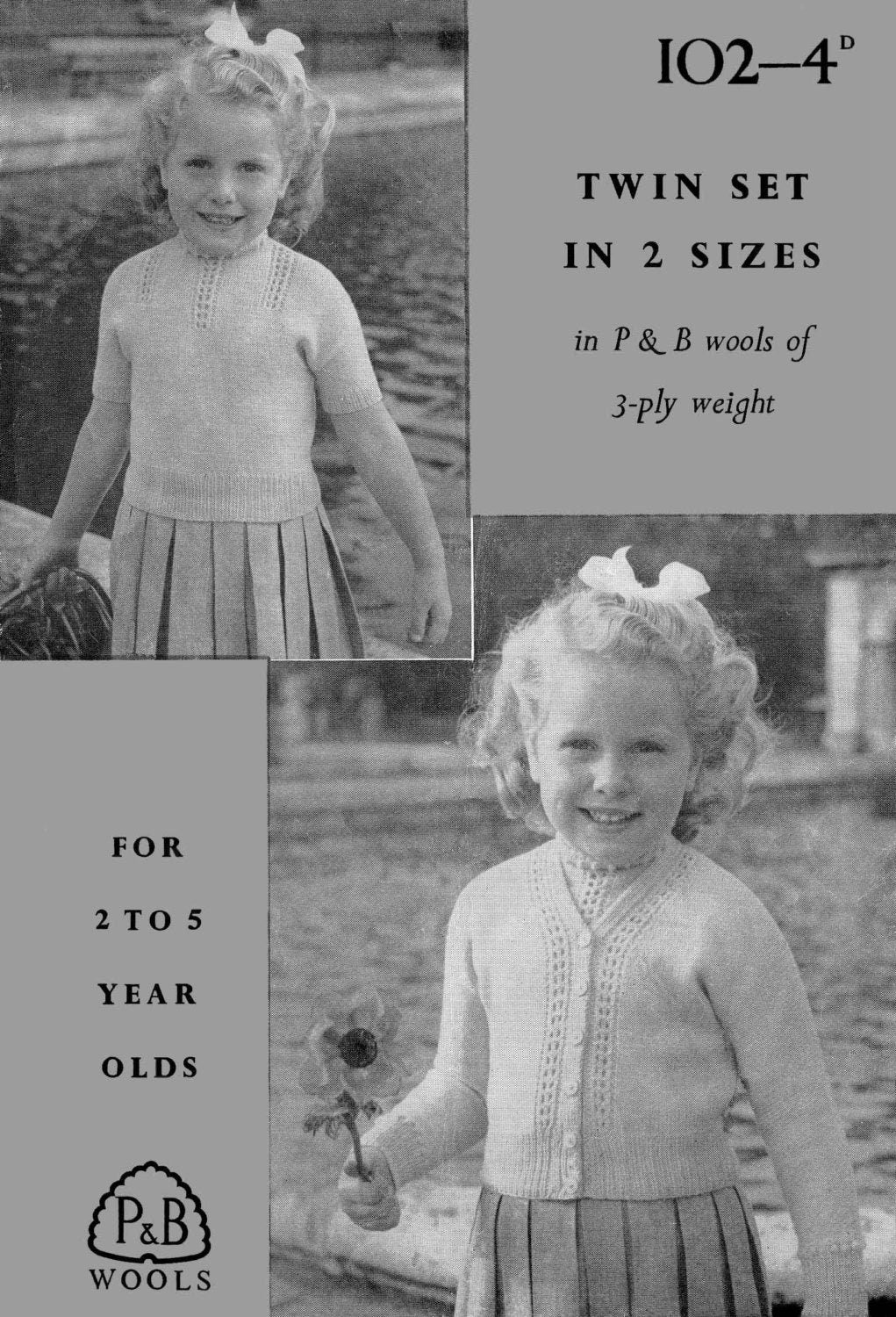 Girls Twin Set, Cardigan and Jumper for 2 to 5 Year, 3ply, 50s Knitting Pattern, P&B 102