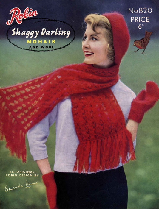 Ladies Beret, Mitts and Scarf, Mohair, 50s Knitting Pattern, Robin 820