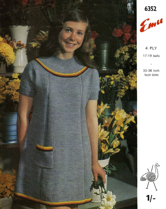 Girl / Ladies Dress, 33"-38" Bust, 4ply, 60s Knitting Pattern, Emu 6352