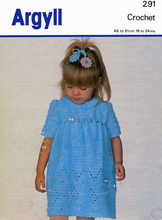 Girls Dress, 18"-24" Chest, DK, 80s Crochet Pattern, Argyll 291