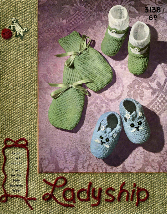 Baby Shoes, Socks, & Mittens, 1-6 months, 3ply, 50s Knitting Pattern, Ladyship 3138