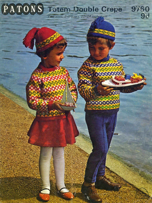 Boys and Girls Children's Fair Isle Sweater, Skirt, Trousers, Hat, 2-5 years, DK, 70s Knitting Pattern, Patons 9760