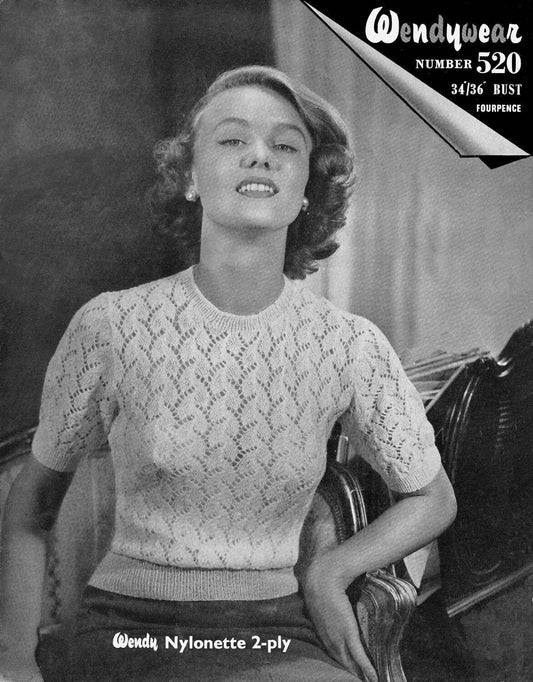 Ladies Short Sleeve Jumper / Top, 34"/36" Bust, 2ply, 50s Knitting Pattern, Wendy 520