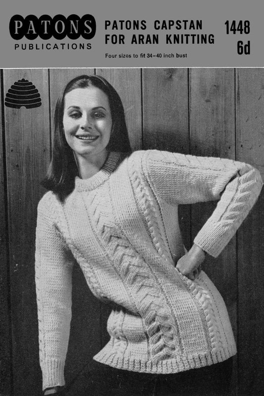 Ladies Jumper /Sweater, 34"-40" Bust, Aran, 60s Knitting Pattern, Patons 1448