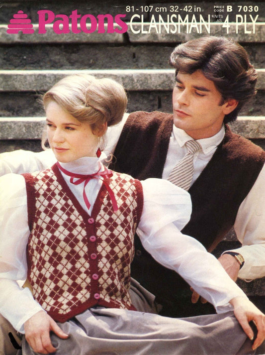 His and Hers / Mens and Womens Waistcoat, 32"-42" Bust / Chest, 4ply, 80s Knitting Pattern, Patons 7030