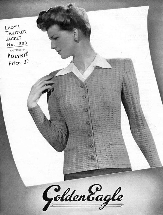 Ladies Tailored Cardigan / Jacket, 34" Bust, 3ply, 40s Knitting Pattern, Golden Eagle 800
