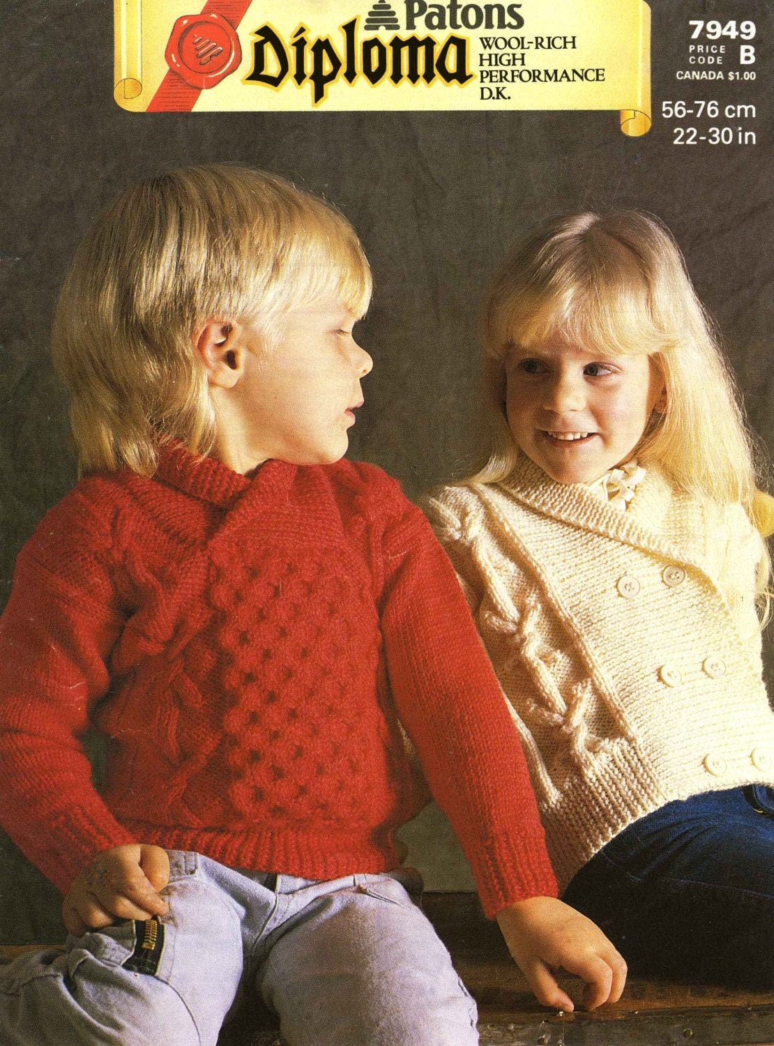 Children's Sweater / Jumper and Jacket, 22"-30" Chest, DK, 80s Knitting Pattern, Patons 7949