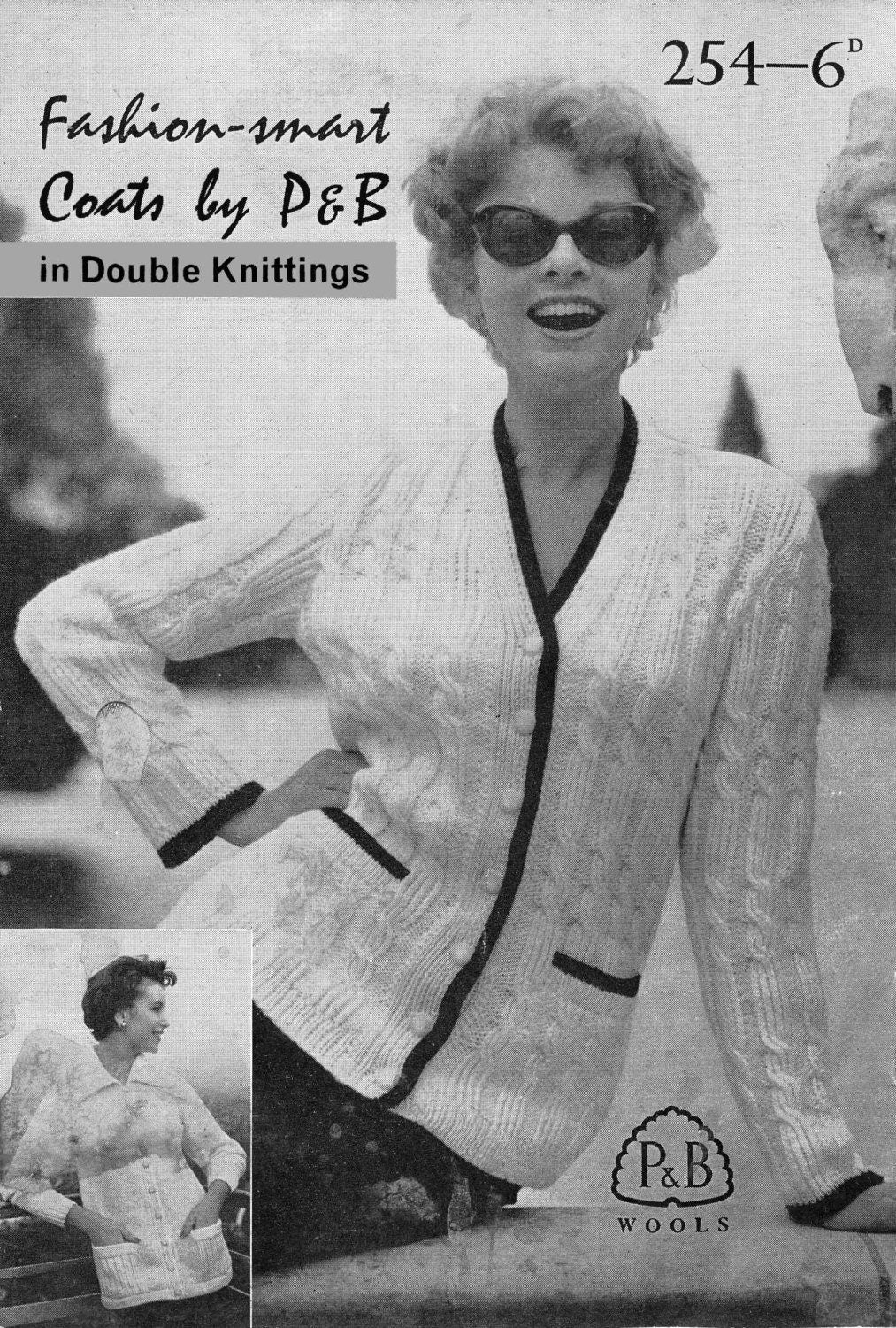 Ladies V-Necked Cardigan, Big Ribbed Collar Cardigan, 34"-36" Bust, DK, 50s Knitting Pattern, P&B 254