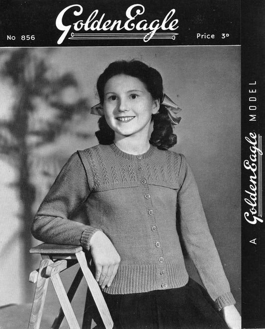 Girls Cardigan, 10-12 years, 3ply, 50s Knitting Pattern, Golden Eagle 856