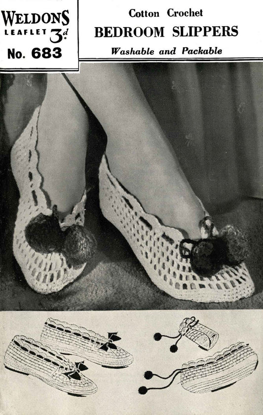 Ladies Slippers, 3ply Cotton, 40s Crochet Pattern, Weldons 683