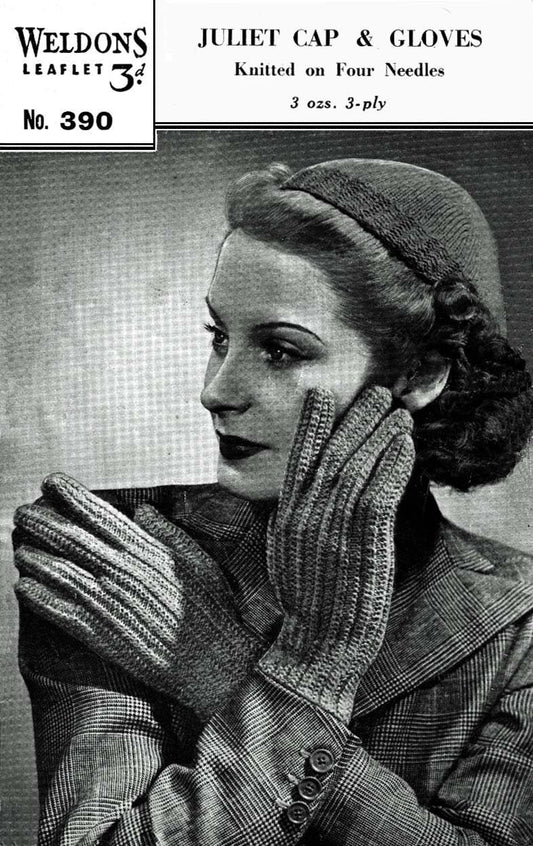 Ladies Juliet Cap / Hat and Gloves, 3ply, 40s Knitting Pattern, Weldons 390