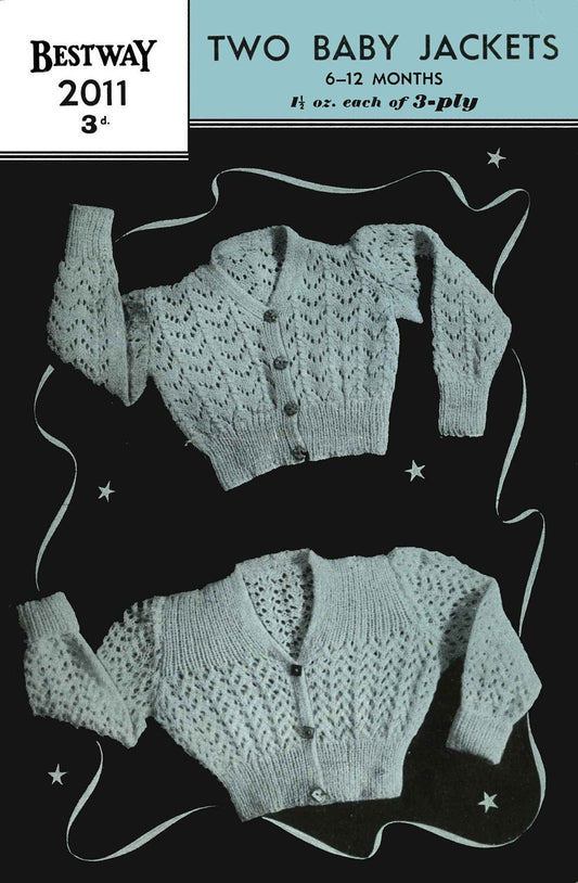 Baby Jackets / Cardigan, Two Styles, 6-12 months, 3ply, 50s Knitting Pattern, Bestway 2011