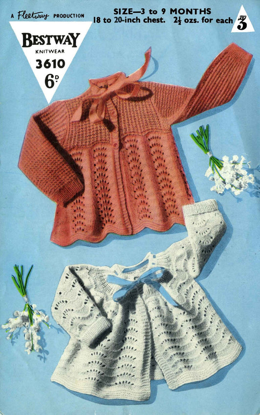 Baby Matinee Coat / Cardigan, 2 Styles (Round and Square Yoke), 3-9 months, 3ply, 50s Knitting Pattern, Bestway 3610