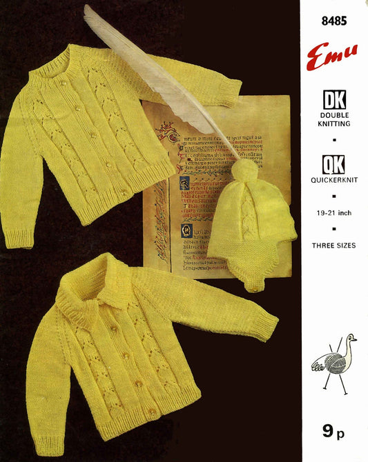 Childrens Jacket / Cardigan with Round Neck or With Collar and Hat, 19"-21" Chest, DK & 4ply, 60s Knitting Pattern, Emu 8485