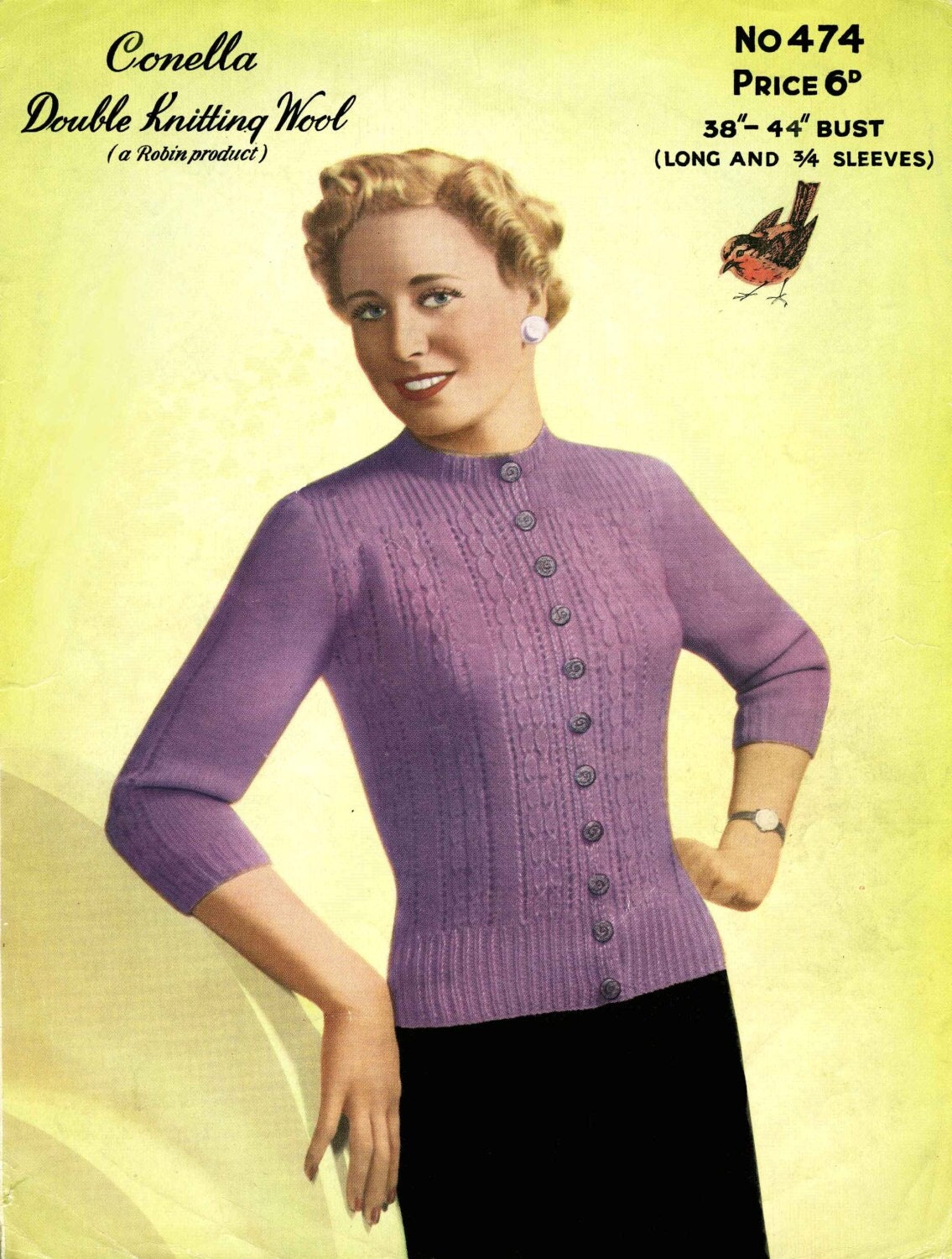 Ladies Cardigan Bust 38"-44" (with three-quarter or long sleeves), DK, 50s Knitting Pattern, Robin 474