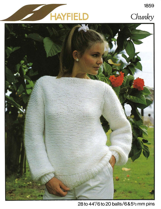 Ladies Sweater, Chunky, 28"/30"/32"/34"/36"/38"/40" Bust, 80s Knitting Pattern, Hayfield 1859