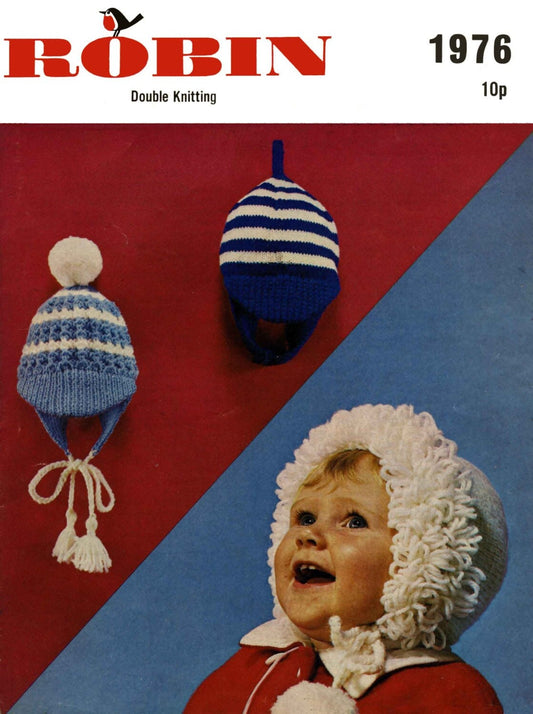 Childrens Bonnets and Helmets, 3/4 and 5/6 years, DK, 60s Knitting Pattern, Robin 1976