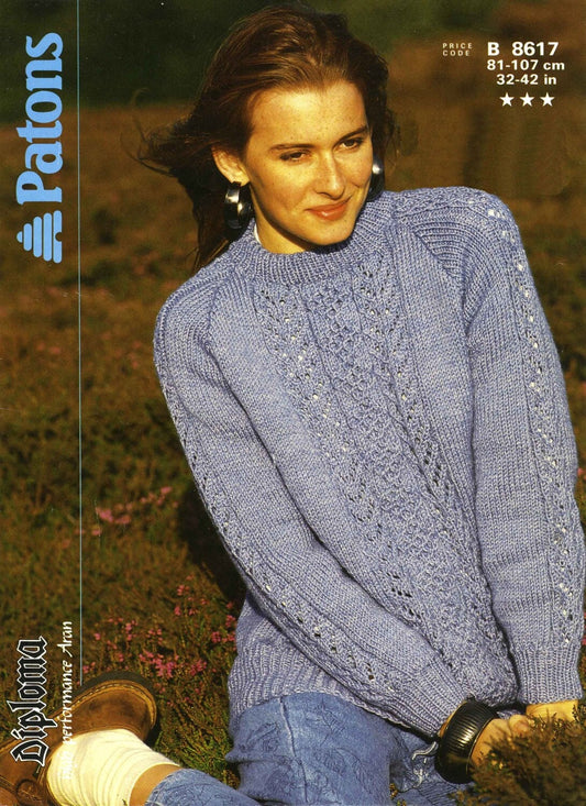 Ladies Lace Panelled Sweater, 32"-42" Bust, Aran, 80s Knitting Pattern, Patons 8617