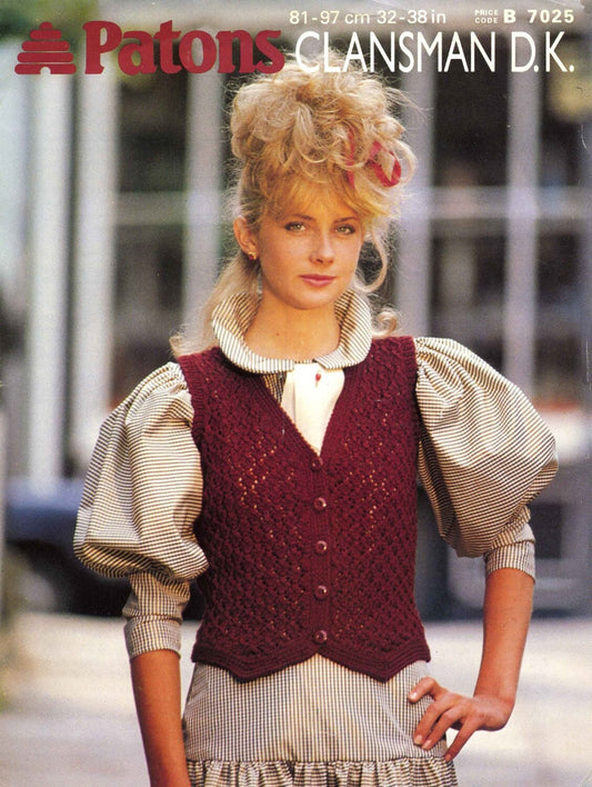 Ladies Waistcoat, 32"-38" Bust, DK, 80s Knitting Pattern, Patons 7025