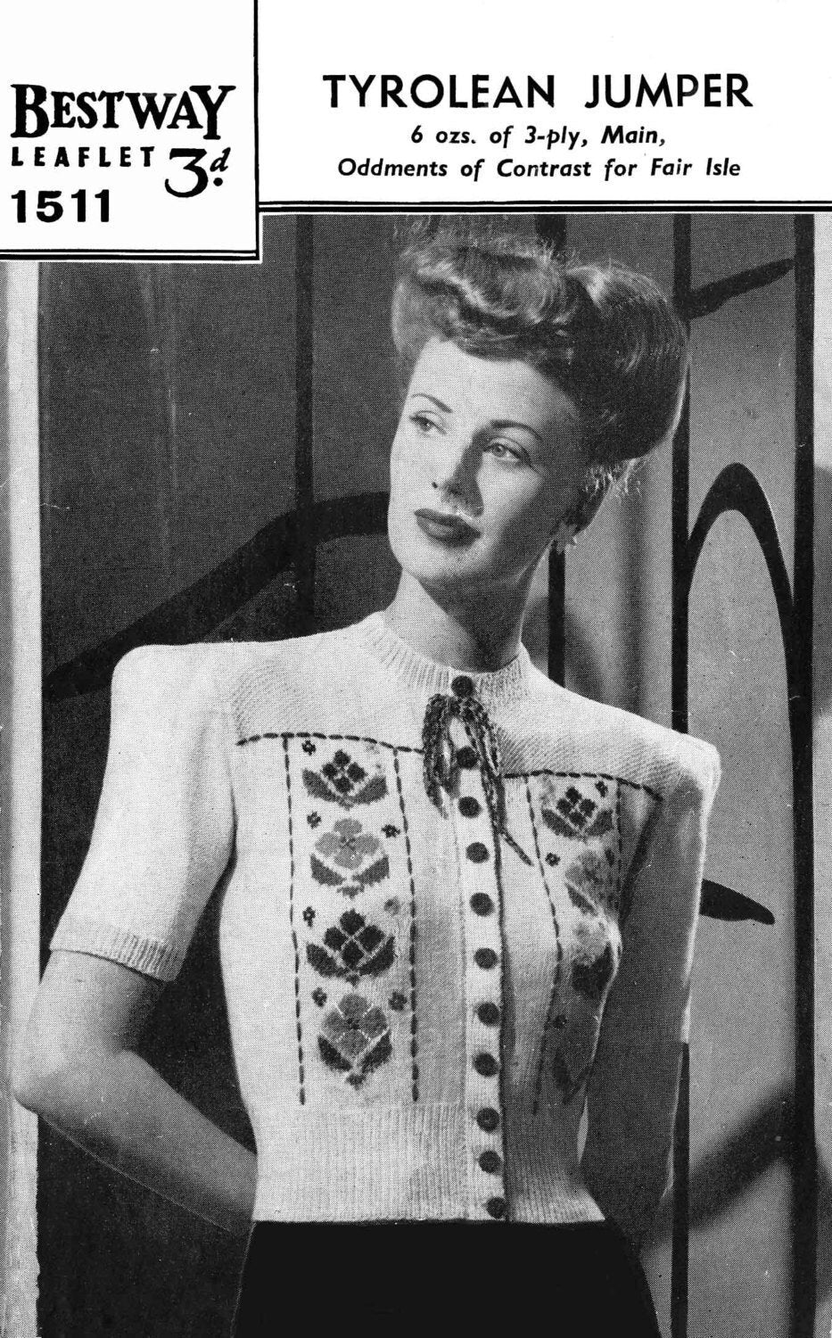 Ladies Tyrolean Jumper with Fare Isle Panels, 35" Bust, 3ply, 40s Knitting Pattern, Bestway 1511