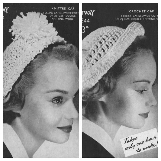 Ladies Knitted Cap / Hat and Crochet Cap / Hat, DK, 40s Knitting Pattern & Crochet Pattern, Bestway 2344