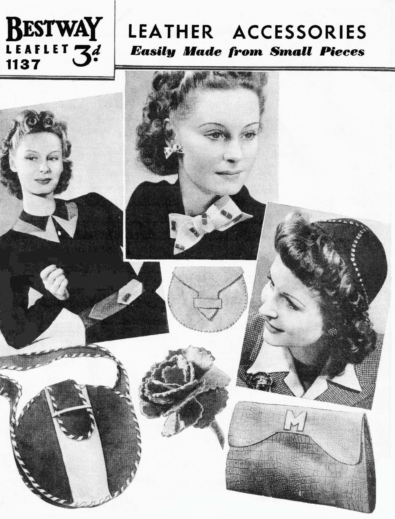 Ladies Leather Accessories Pattern, Belt, Collar, Bow, Earrings, Cap, Purse, Bag, Carnation Flower Corsage, 40s, Bestway 1137