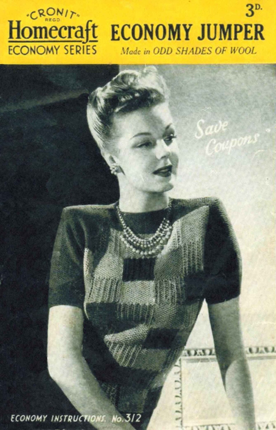 Ladies Jumper 34" Bust, 3 ply, Economy Recycle Your Unpicked Wool & Save Coupons, WW2 40s Knitting Pattern, Homecraft 312