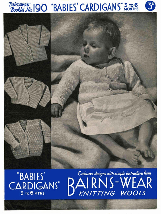 Baby Cardigan in Three Styles, 3-6 months, 3ply & 4ply, 40s Knitting Pattern, Bairnswear 190