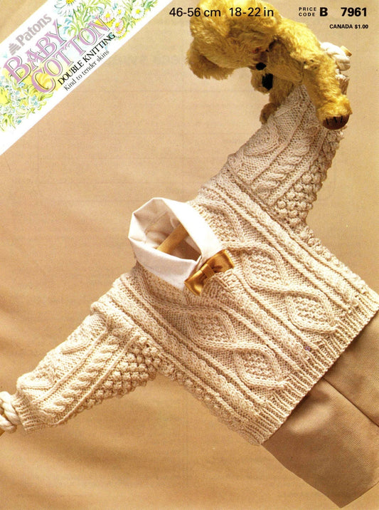 Boys Aran Look V Neck Sweater in DK, 18"-22" Chest, 80s Knitting Pattern, Patons 7961