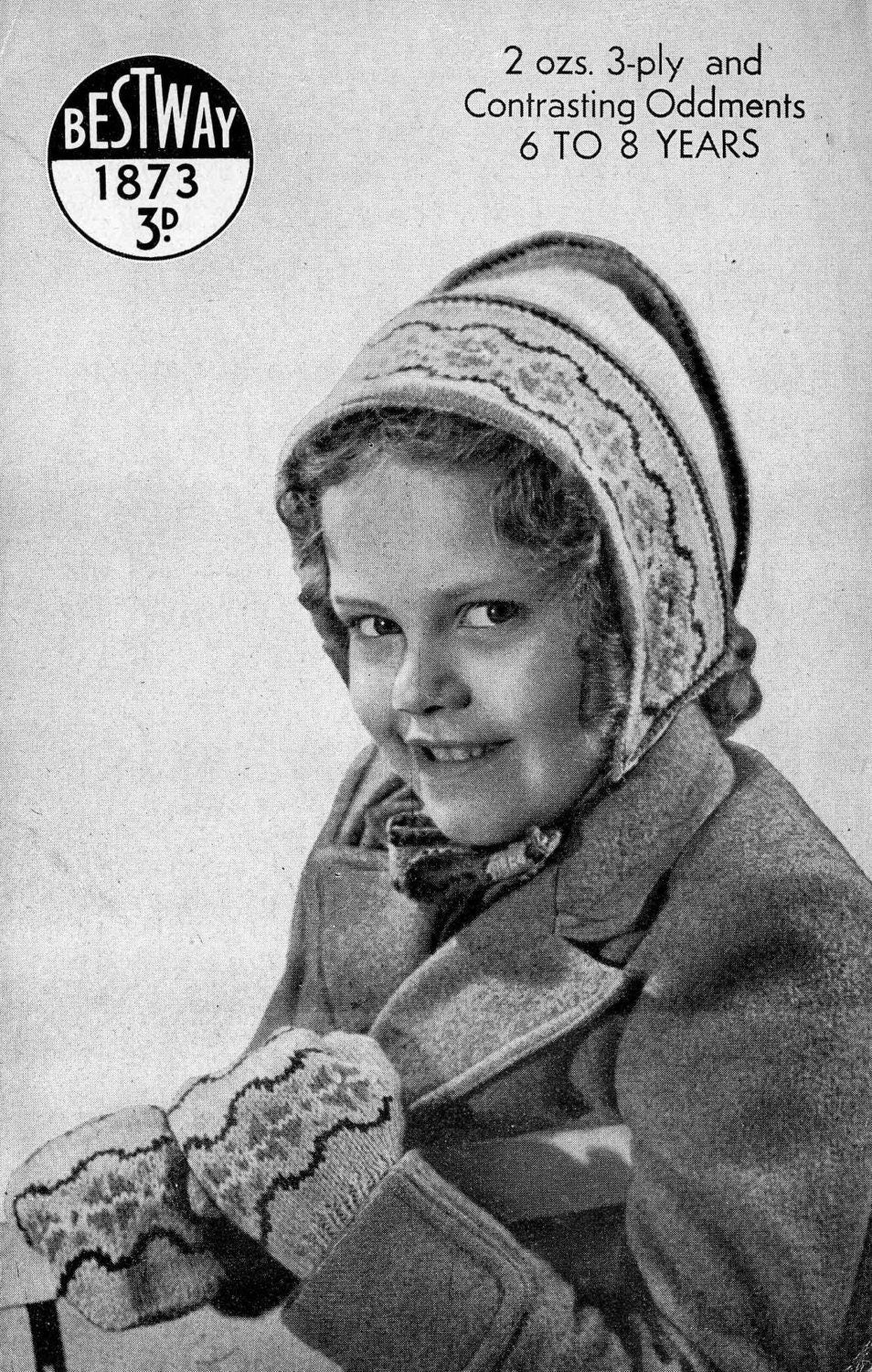 Children's Mitts and Bonnet, 6-8years, 3ply, 50s Knitting Pattern, Bestway 1873