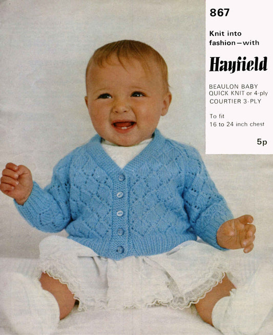 Baby Cardigan in Two Styles, Crossover & Diamond, 16"-24" Chest, 4ply, 80s Knitting Pattern, Hayfield 867