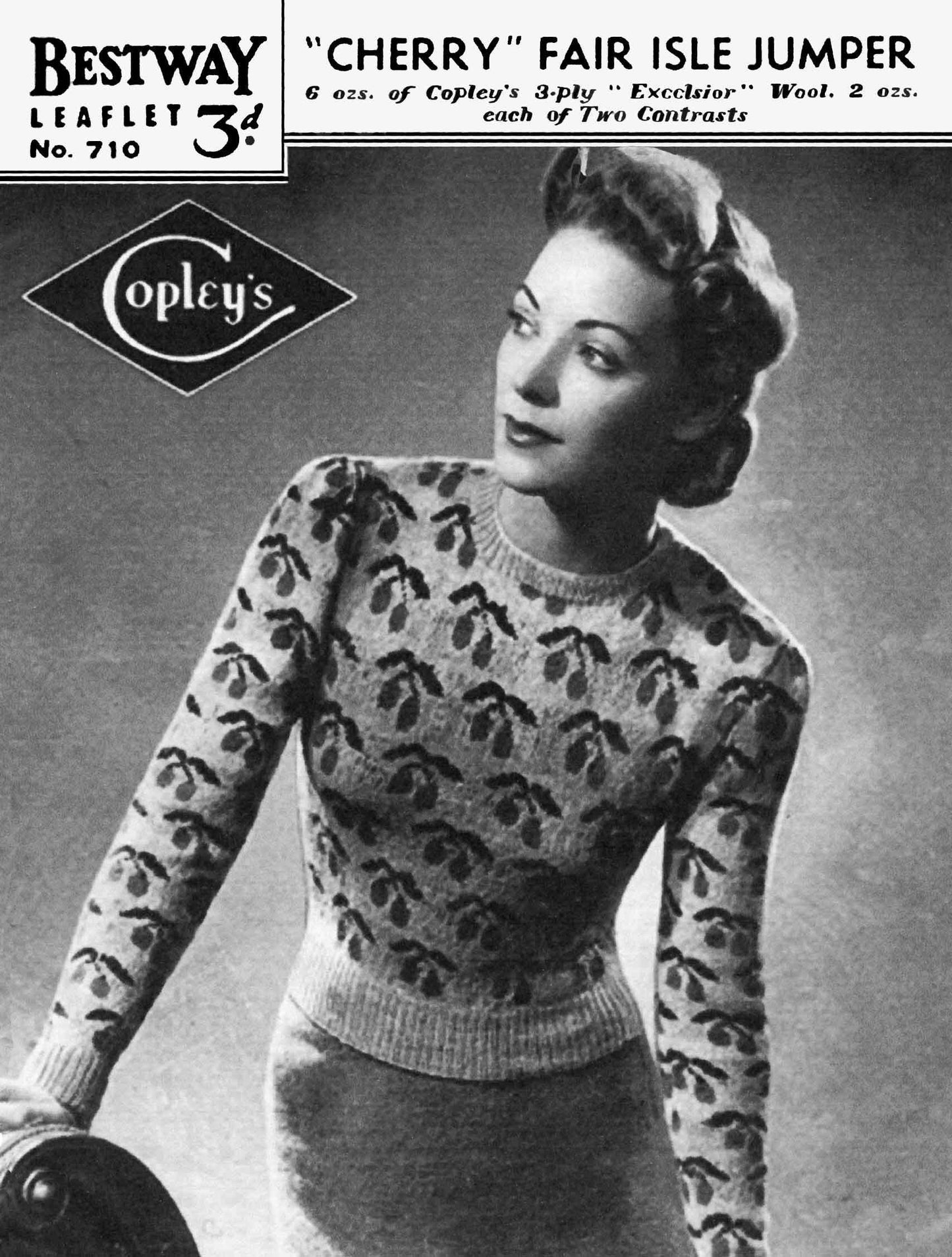 Ladies Cherry Fair Isle Jumper, 34" Bust, 3ply, 50s Knitting Pattern, Bestway 710