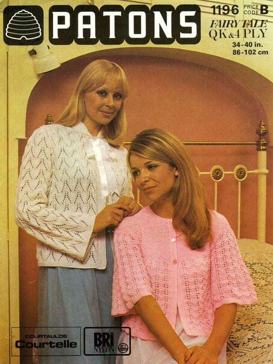 Ladies Bed Jacket, in 2 styles Ribbon Trimmed and Button Through, 34"-40" Bust, 4ply, 70s Knitting Pattern, Patons 1196