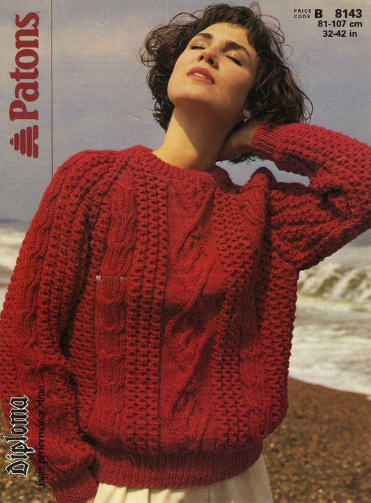 Ladies Crew Neck Sweater / Jumper, 32"-42" Bust, Aran, 80s Knitting Pattern, Patons 8143