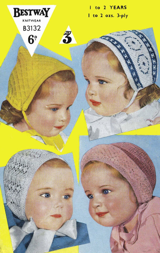 Childrens Bonnets, Pixie, Fair Isle, Open Work, Frill Trimmed Styles, 1-2yrs, 3ply, 50s Knitting Pattern, Bestway 3132
