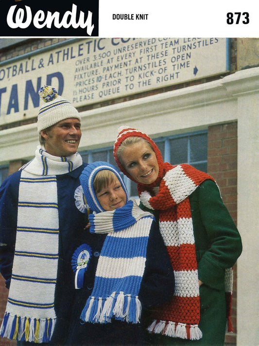 Football Hats and Scarves for the Family, DK, 70s Crochet and Knitting Pattern, Wendy 873