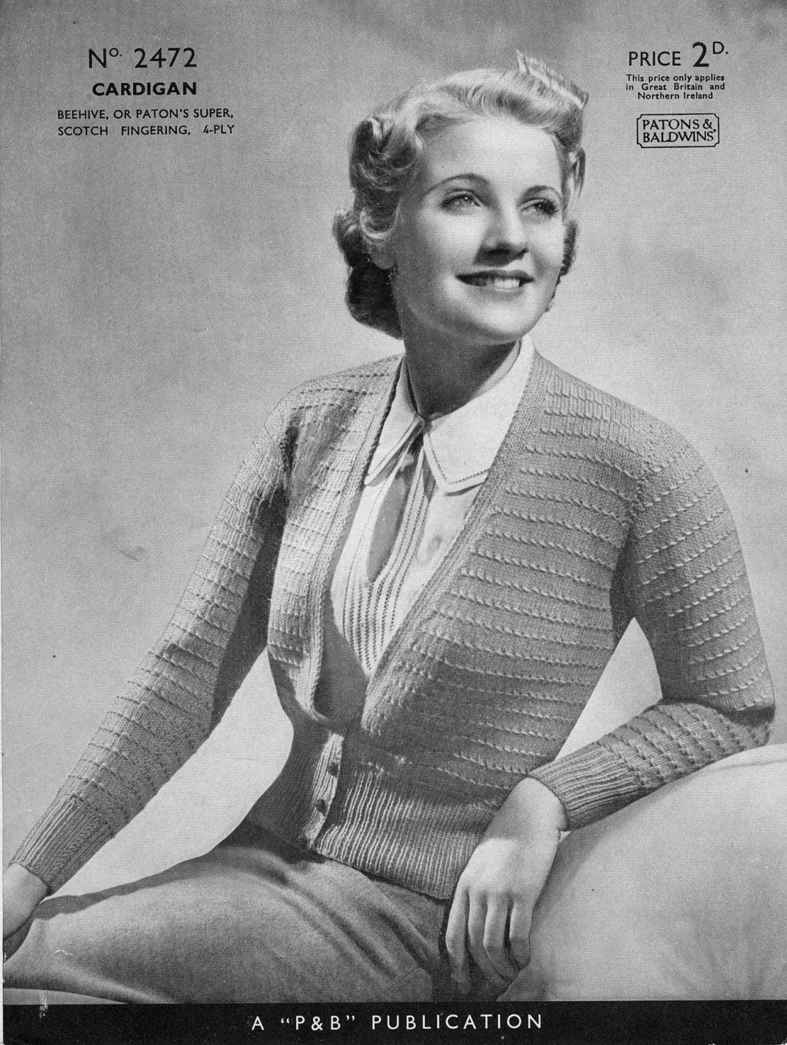 Ladies Cardigan, 36" Bust, 4ply, 30s Knitting Pattern, P&B 2472
