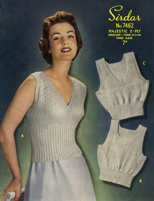 Ladies Vests in 3 Sizes and 3 Styles, 32"-40", 2ply, 50s Knitting Pattern, Sirdar 7462