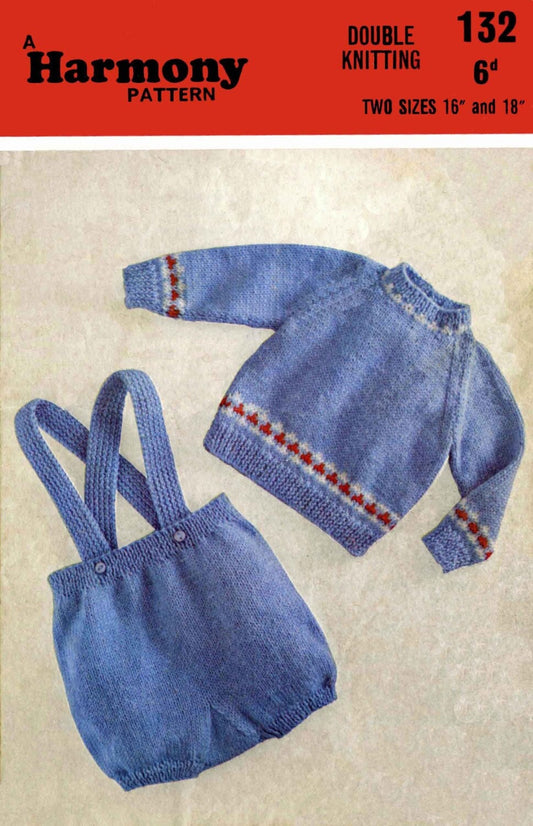 Baby Romper & Jumper, 16" and 18" Chest, DK, 60s Knitting Pattern, Harmony 132