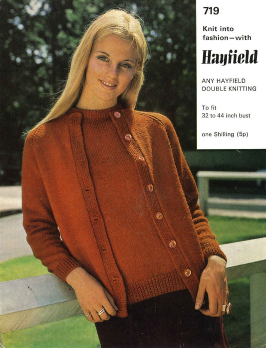 Ladies Twin Set, Cardigan & Jumper, 32"-44" Bust, DK, 70s Knitting Pattern, Hayfield 719