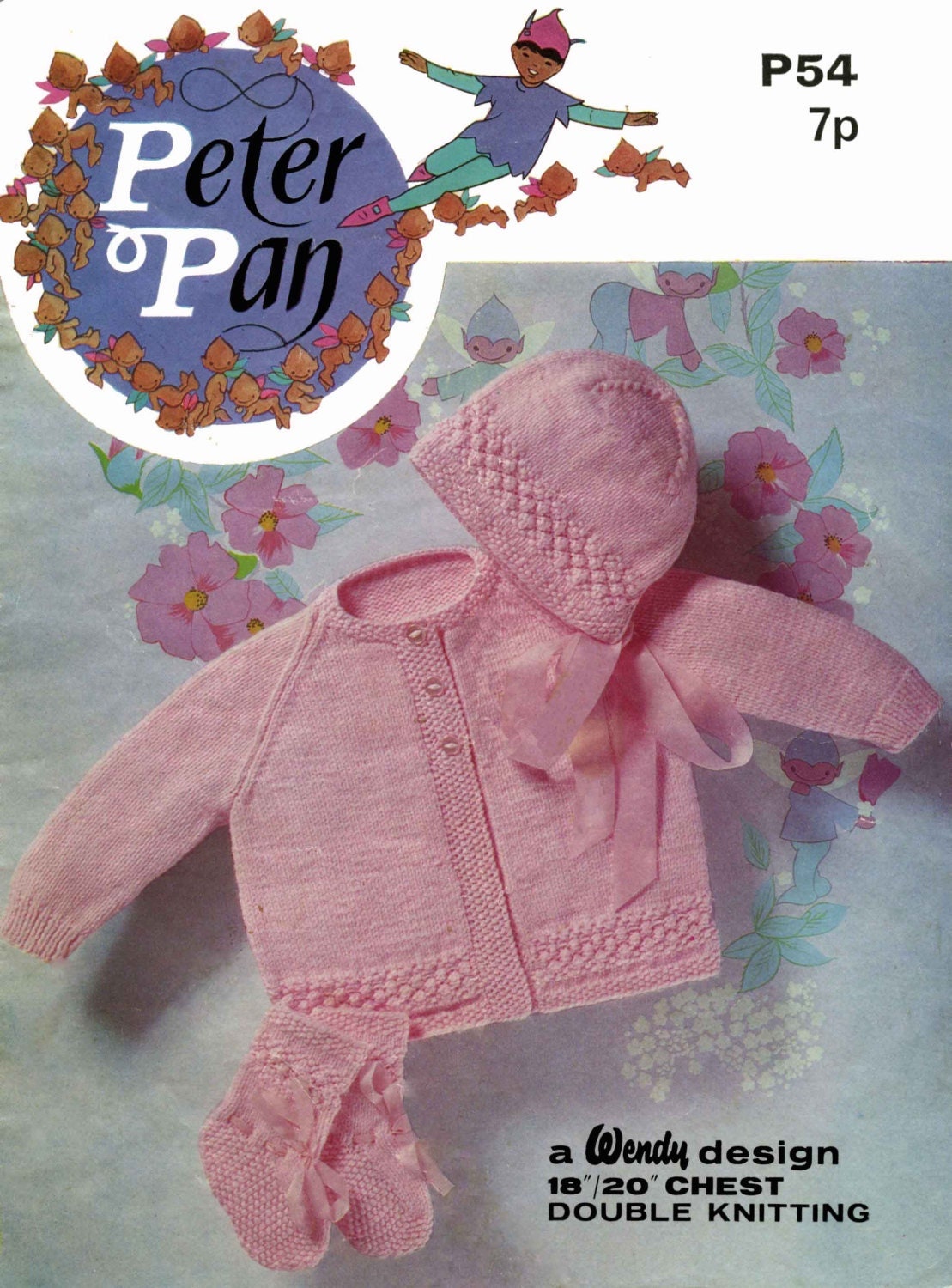 Baby Coat / Cardigan, Bonnet and Bootees, 18"/20" Chest, DK, 70s Knitting Pattern, Wendy 54
