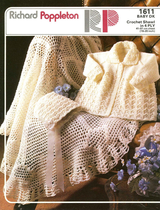 Baby Coat / Cardigan, Bonnet, 16"-20" Chest, 80s Knitting Pattern in DK, Shawl Crochet Pattern in 4ply, Richard Poppleton 1611
